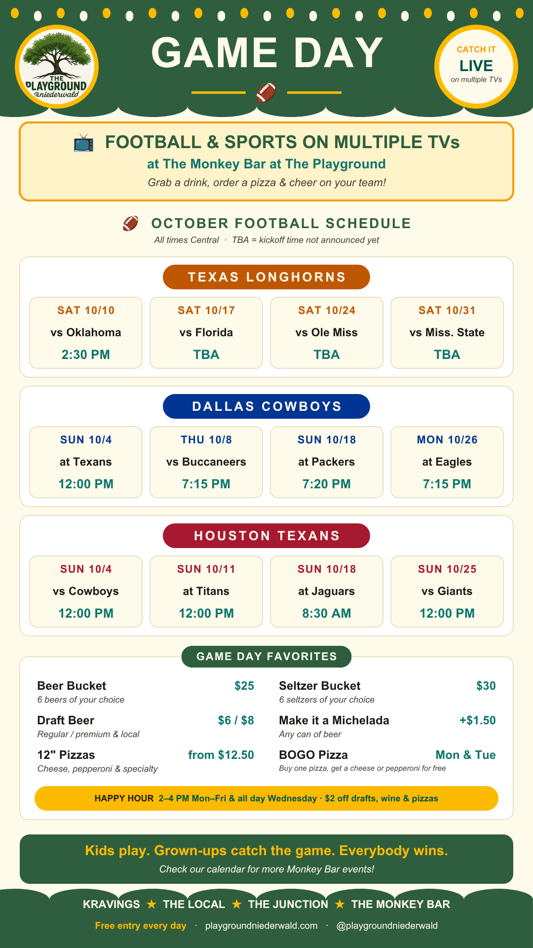 Game Day poster — Texas Longhorns, Dallas Cowboys and Houston Texans schedule on multiple TVs at The Monkey Bar
