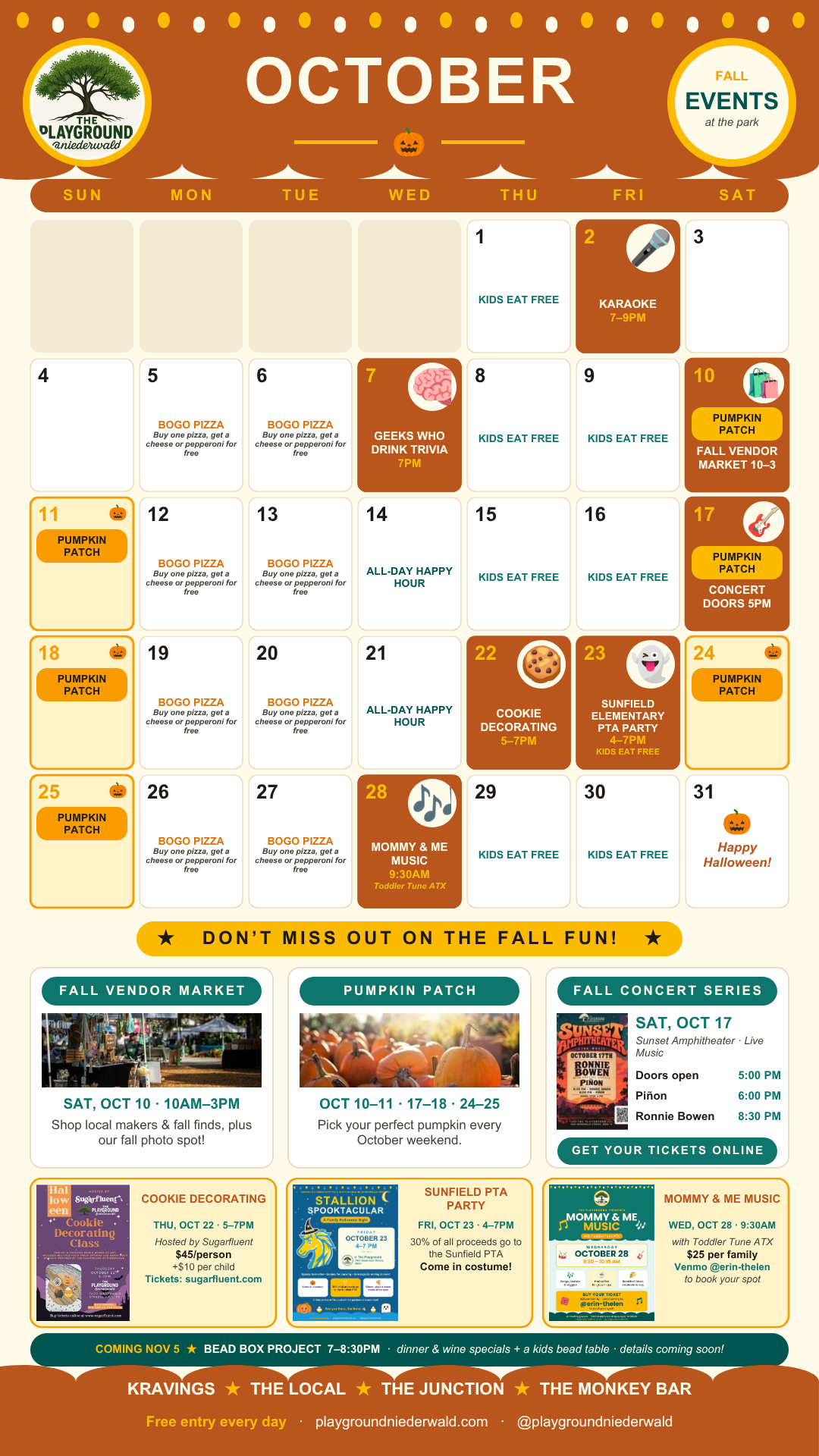 October 2026 events calendar poster for The Playground @niederwald