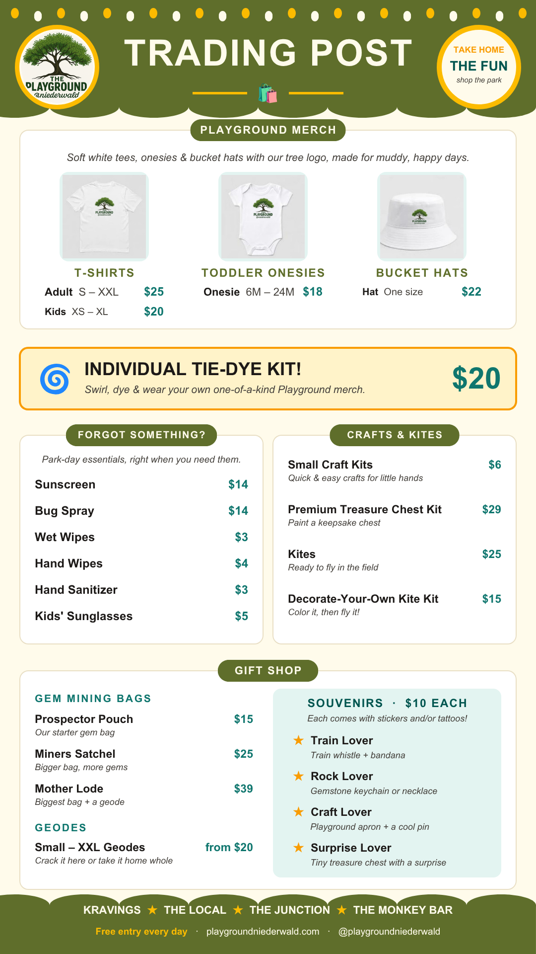 Trading Post poster — Playground merch, tie-dye kits, gem mining bags, geodes, crafts and souvenirs