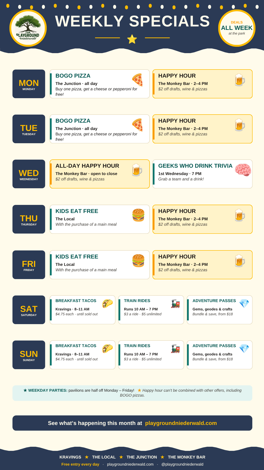 Weekly Specials poster — BOGO pizza, happy hour, kids eat free, trivia, breakfast tacos and more